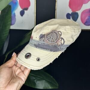 Vintage Y2K Grunge Style Distressed 100% Cotton Army Cap with Rhinestone Hat OS